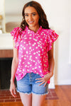 Explore More Collection - Hot Pink Floral Mock Neck Double Flutter Sleeve Top