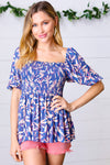 Explore More Collection - Blue & Pink Floral Square Neck Crinkle Smocked Top