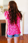 Explore More Collection - Hot Pink Floral Mock Neck Double Flutter Sleeve Top