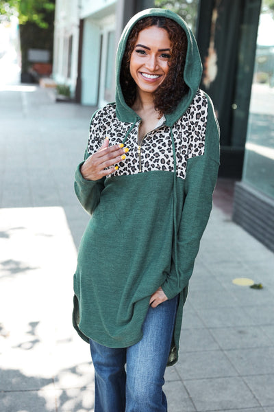 Explore More Collection - Diva Dreams Olive Leopard Print Half Zip Longline Hoodie