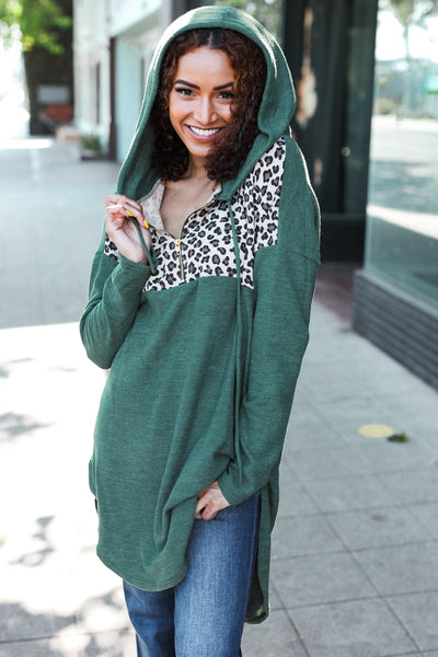 Explore More Collection - Diva Dreams Olive Leopard Print Half Zip Longline Hoodie