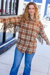 Explore More Collection - Boldly You Taupe & Rust Flannel Plaid Fringe Jacket