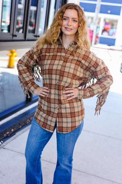 Explore More Collection - Boldly You Taupe & Rust Flannel Plaid Fringe Jacket