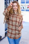 Explore More Collection - Boldly You Taupe & Rust Flannel Plaid Fringe Jacket