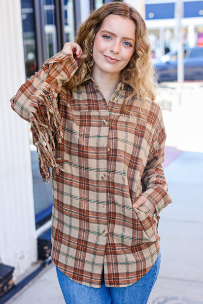 Explore More Collection - Boldly You Taupe & Rust Flannel Plaid Fringe Jacket