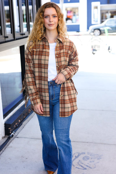 Explore More Collection - Boldly You Taupe & Rust Flannel Plaid Fringe Jacket