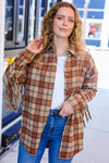 Explore More Collection - Boldly You Taupe & Rust Flannel Plaid Fringe Jacket