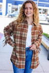 Explore More Collection - Boldly You Taupe & Rust Flannel Plaid Fringe Jacket