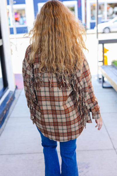 Explore More Collection - Boldly You Taupe & Rust Flannel Plaid Fringe Jacket