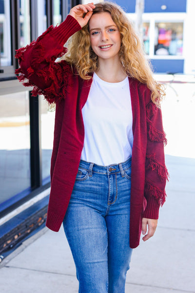 Explore More Collection - Beautiful You Burgundy Fringe Detail Knit Cardigan