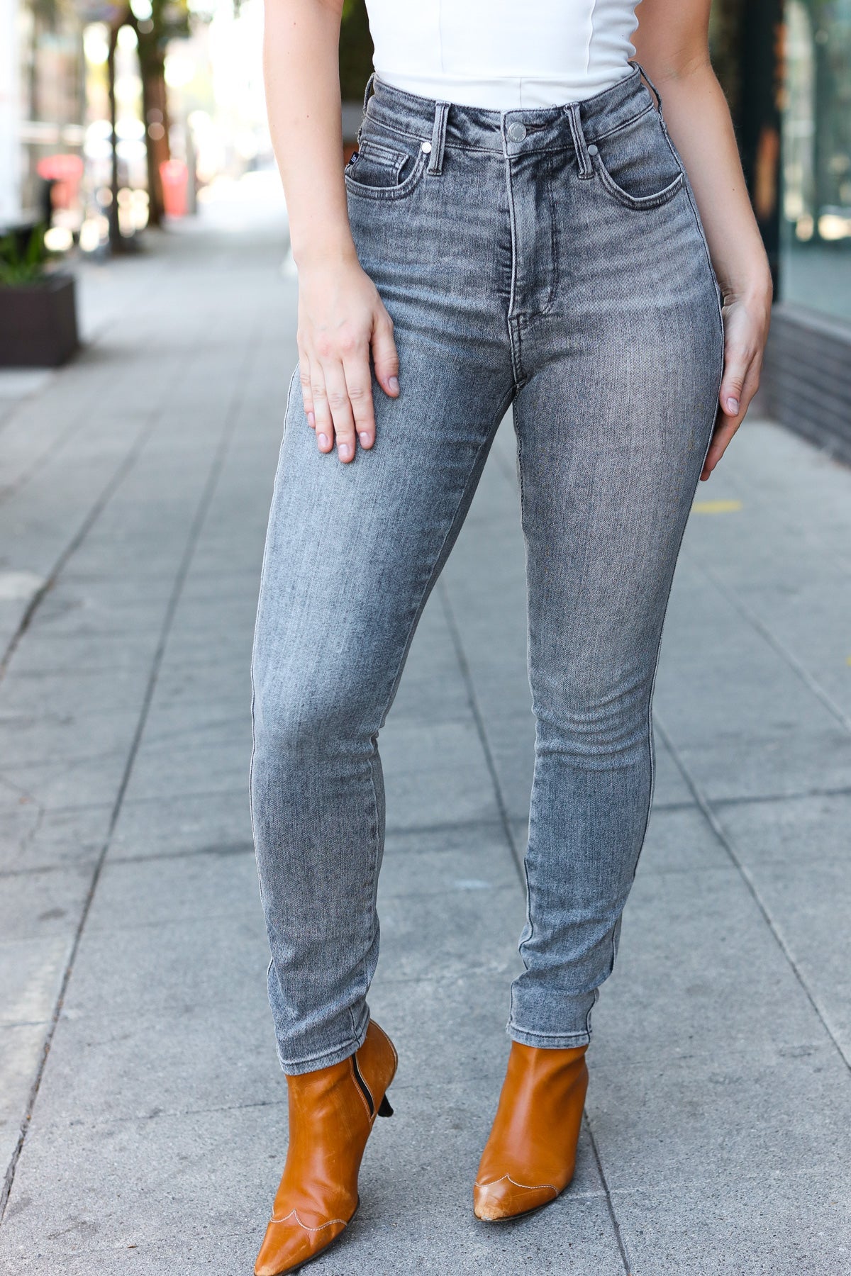 Explore More Collection - Judy Blue Grey Mid Rise Tummy Control Skinny Jeans