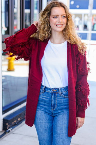 Explore More Collection - Beautiful You Burgundy Fringe Detail Knit Cardigan