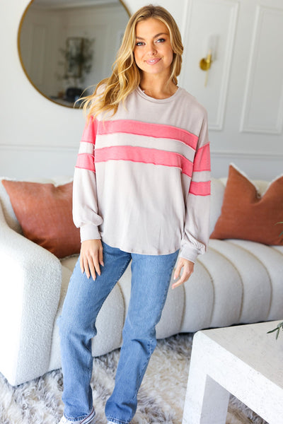 Explore More Collection - Rally Day Taupe & Coral Game Day Stripe Outseam Terry Top