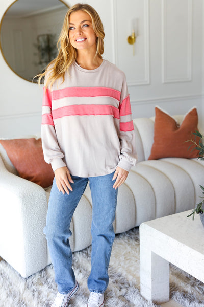 Explore More Collection - Rally Day Taupe & Coral Game Day Stripe Outseam Terry Top