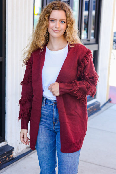 Explore More Collection - Beautiful You Burgundy Fringe Detail Knit Cardigan