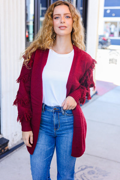 Explore More Collection - Beautiful You Burgundy Fringe Detail Knit Cardigan