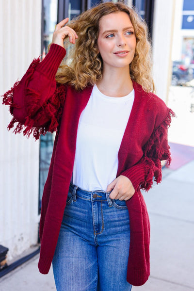 Explore More Collection - Beautiful You Burgundy Fringe Detail Knit Cardigan