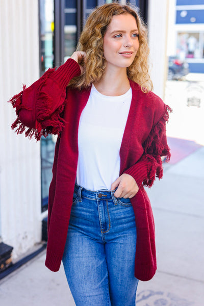 Explore More Collection - Beautiful You Burgundy Fringe Detail Knit Cardigan