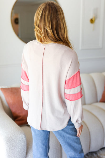 Explore More Collection - Rally Day Taupe & Coral Game Day Stripe Outseam Terry Top