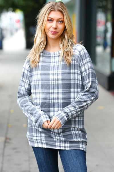 Explore More Collection - Cozy Grey Plaid Double Brushed Hacci Pullover