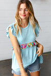 Explore More Collection - Sky Blue Two Tone Babydoll Fringe Tassel Top