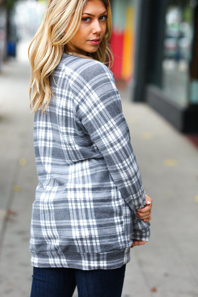 Explore More Collection - Cozy Grey Plaid Double Brushed Hacci Pullover