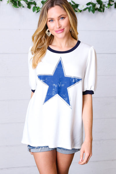 Explore More Collection - Off White Distressed Star Terry Puff Short Sleeve Top