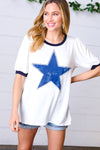 Explore More Collection - Off White Distressed Star Terry Puff Short Sleeve Top