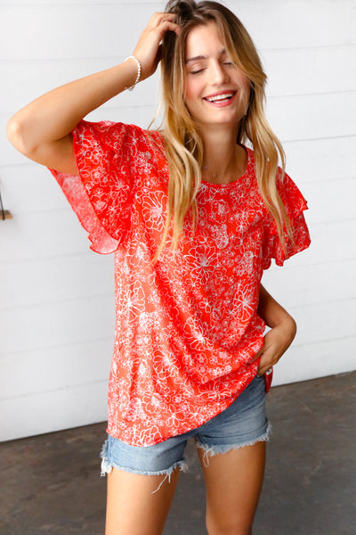 Explore More Collection - Sunset Orange Floral Flutter Sleeve Woven Top