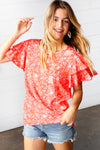 Explore More Collection - Sunset Orange Floral Flutter Sleeve Woven Top