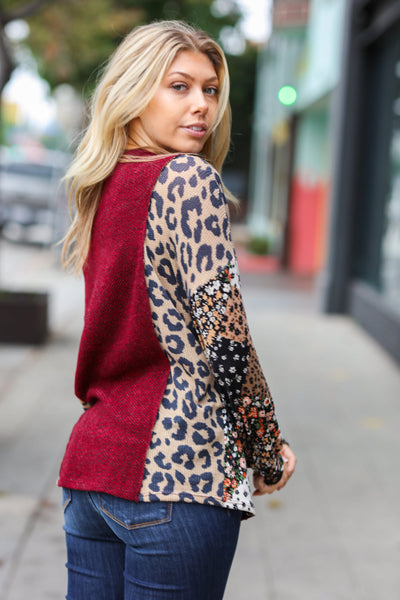 Explore More Collection - Feeling Bold Burgundy Two Tone Floral & Animal Print Top