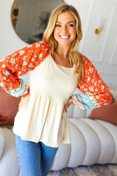 Explore More Collection - Hello Beautiful Oatmeal & Orange Square Neck Paisley Floral Blouse