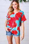 Explore More Collection - Teal & Cherry Red Floral Print V Neck Top