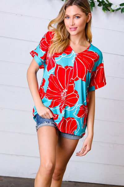 Explore More Collection - Teal & Cherry Red Floral Print V Neck Top