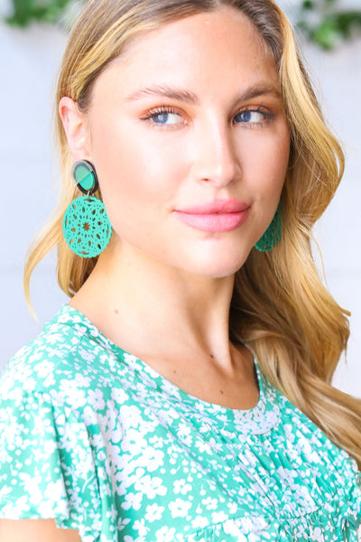 Explore More Collection - Teal Crochet Carved Disc Dangle Earrings