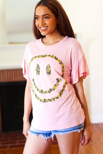 Explore More Collection - Live For Today Pink Floral Smiley Face Flutter Sleeve Tee