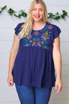 Explore More Collection - Navy Floral Embroidered Flutter Sleeve Top