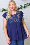 Explore More Collection - Navy Floral Embroidered Flutter Sleeve Top