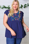 Explore More Collection - Navy Floral Embroidered Flutter Sleeve Top