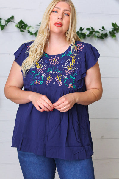 Explore More Collection - Navy Floral Embroidered Flutter Sleeve Top