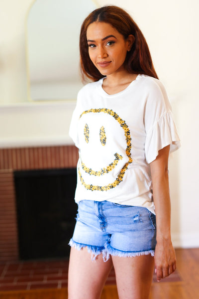 Explore More Collection - Live For Today White Floral Smiley Face Flutter Sleeve Tee