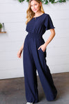 Explore More Collection - Dark Blue Smocked Waist Notch Neck Crepe Jumpsuit