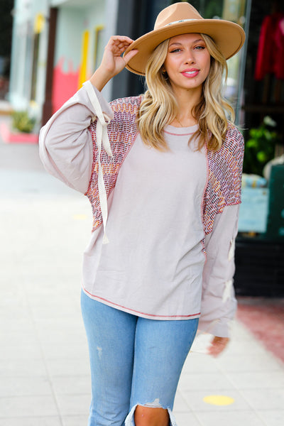 Explore More Collection - Taupe & Burgundy Chevron Raglan Lace-Up Bell Sleeve Top