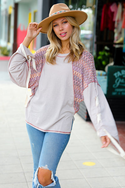 Explore More Collection - Taupe & Burgundy Chevron Raglan Lace-Up Bell Sleeve Top