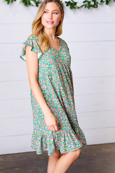 Explore More Collection - Emerald Green Floral Babydoll Midi Dress