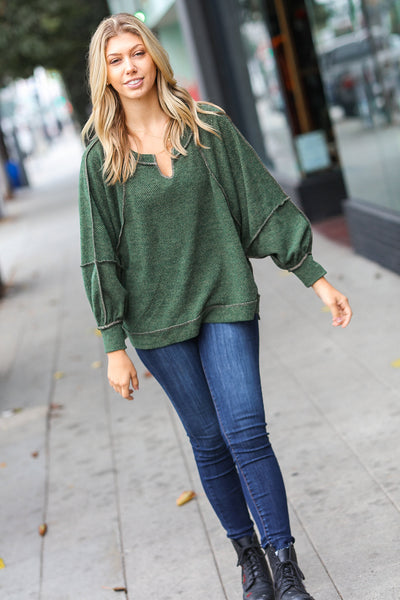 Explore More Collection - The Slouchy Olive Two Tone Knit Notched Raglan Top
