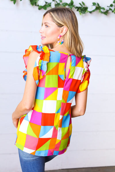 Explore More Collection - Multicolor Geometric Double Ruffle Sleeve Crinkle Top