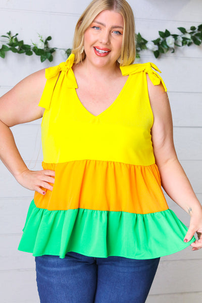 Explore More Collection - Yellow & Tangerine Tiered Shoulder Tie Bow Crepe Top