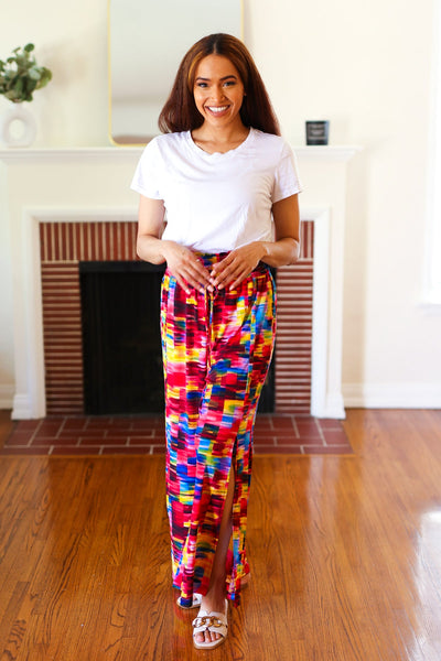 Explore More Collection - Vacay Vibes Kaleidoscope Smocked Waist Side Slit Palazzo Pants