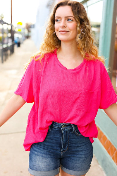 Explore More Collection - Be Bold Coral Crinkle Texture Pocketed Dolman Top